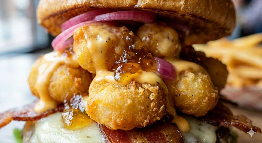 The beer-cheese sauced poured over the patty