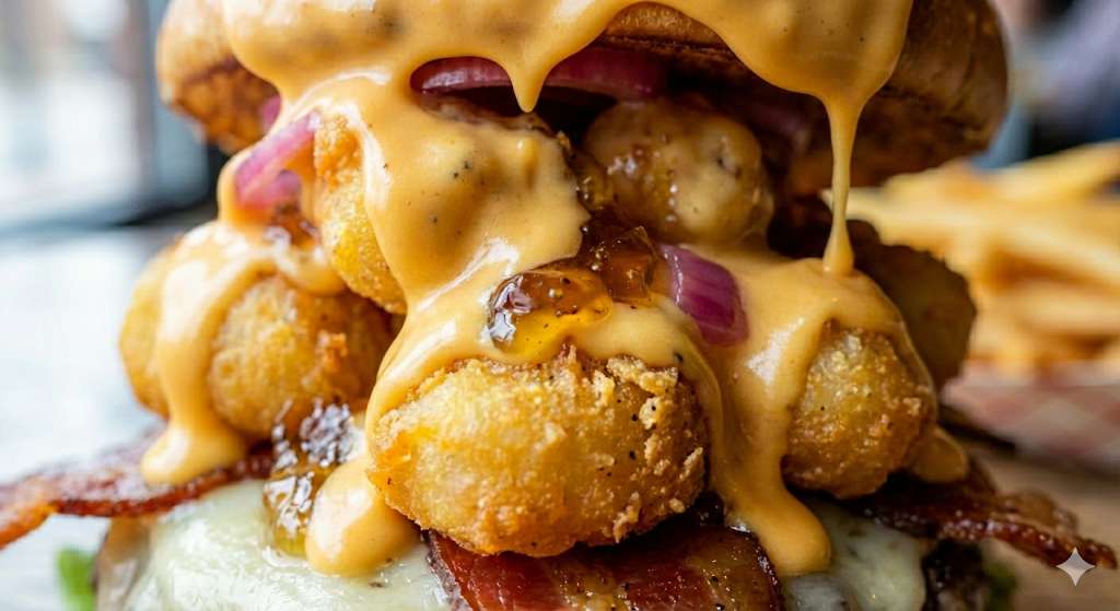 A close-up of the hand-battered cheese curds